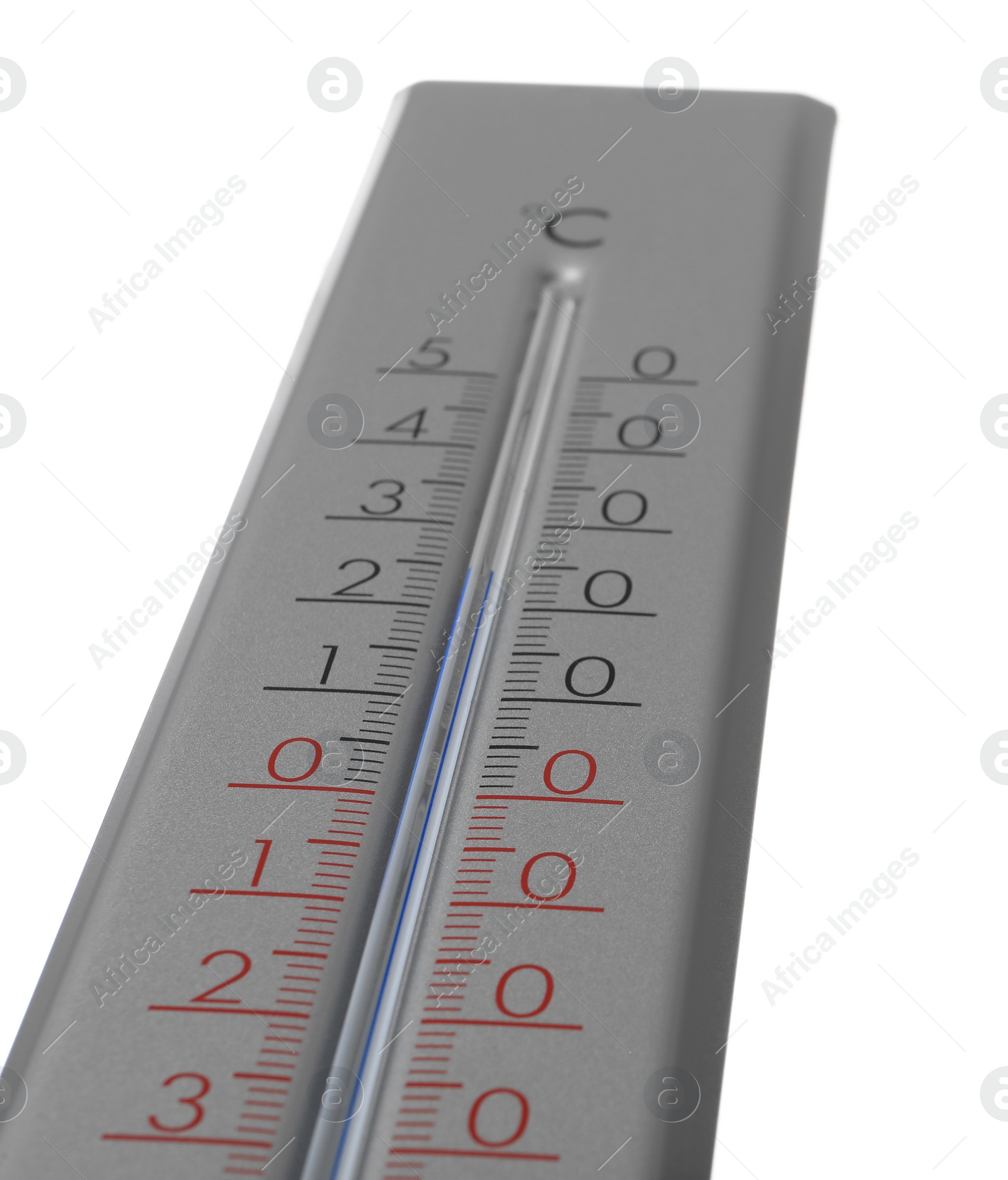 Photo of Modern grey weather thermometer on white background, closeup