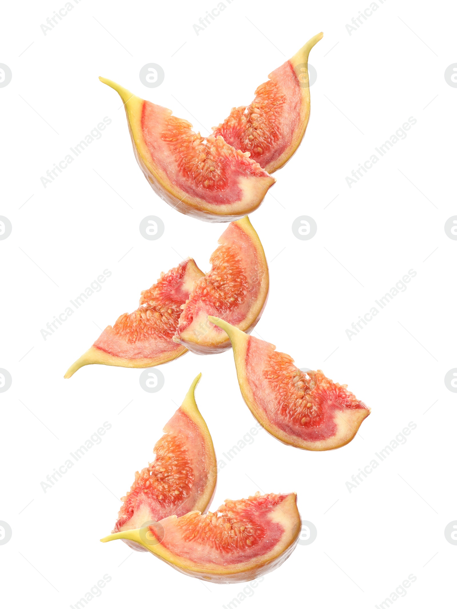 Image of Falling tasty ripe figs on white background