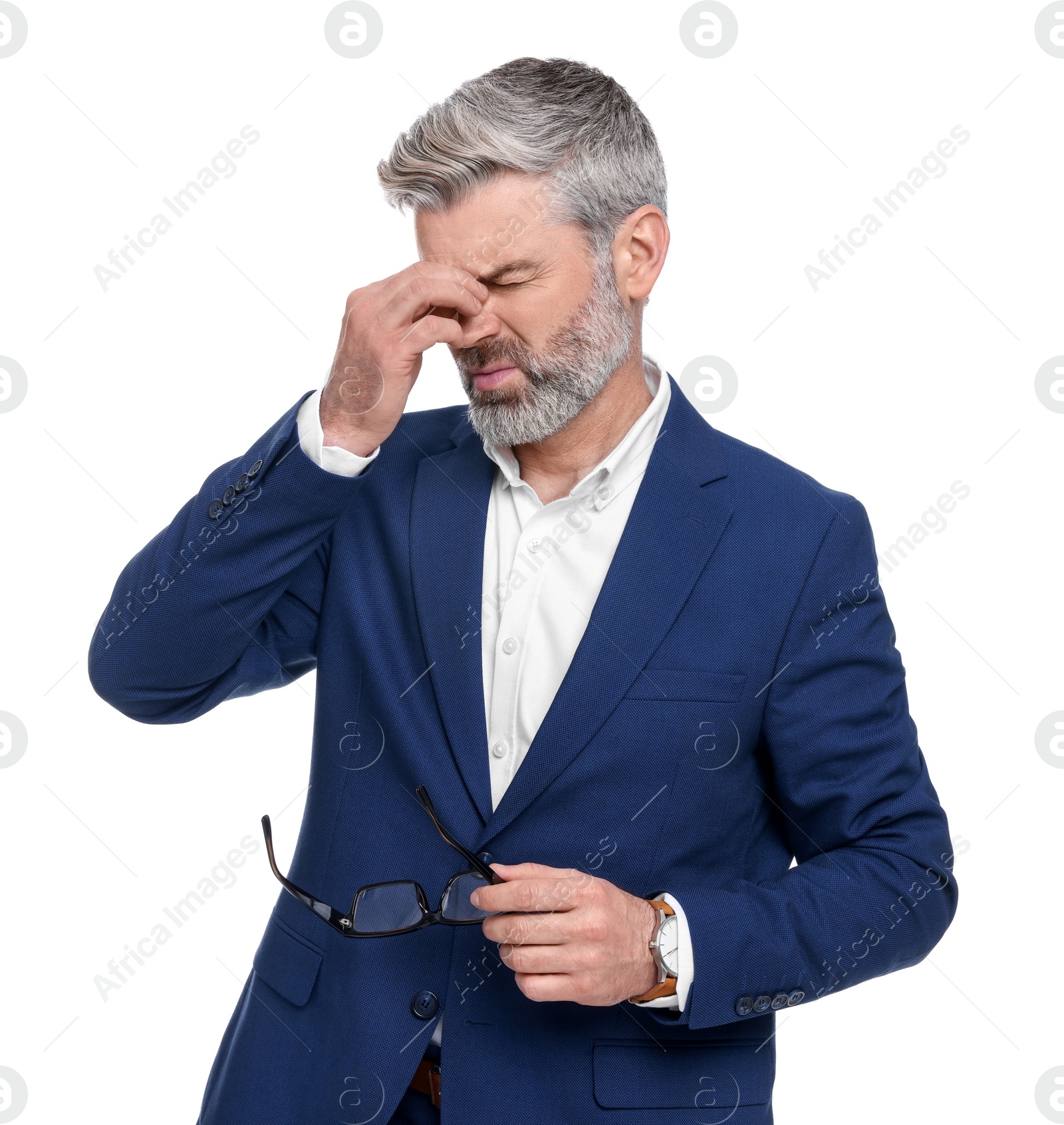 Photo of Mature businessman in stylish clothes with eyeglasses on white background