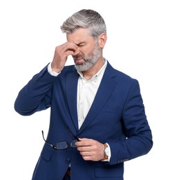Photo of Mature businessman in stylish clothes with eyeglasses on white background