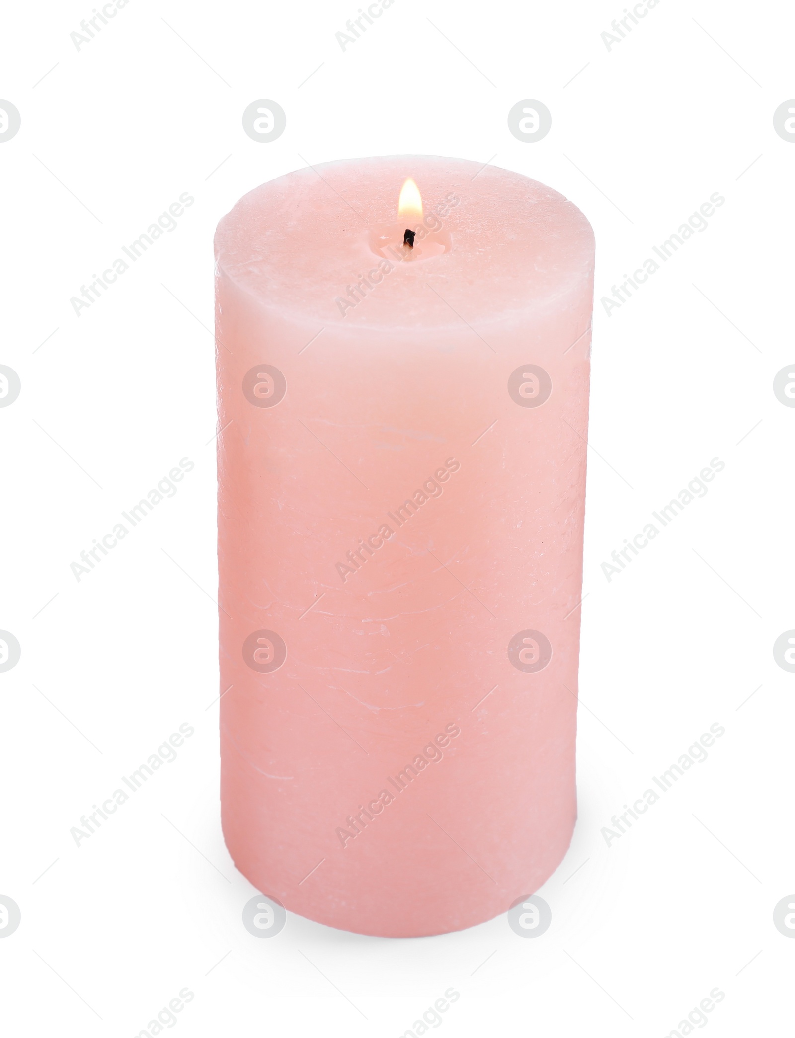 Photo of Burning pink wax candle isolated on white