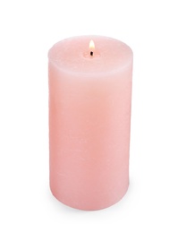 Photo of Burning pink wax candle isolated on white