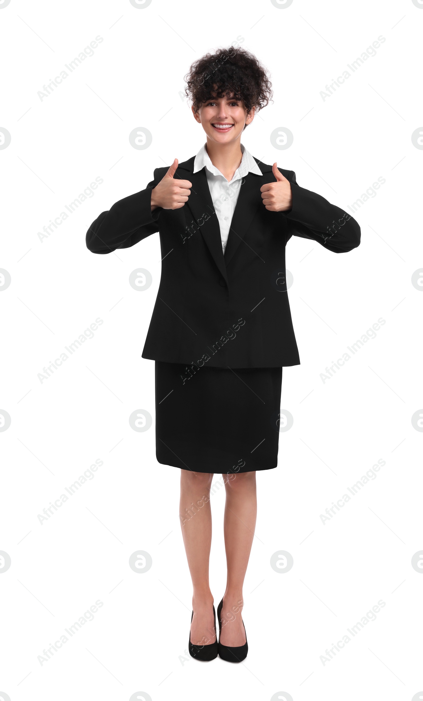 Photo of Beautiful happy businesswoman in suit showing thumbs up on white background