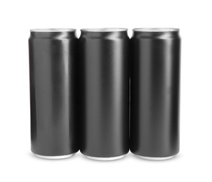 Photo of Energy drinks in black cans isolated on white