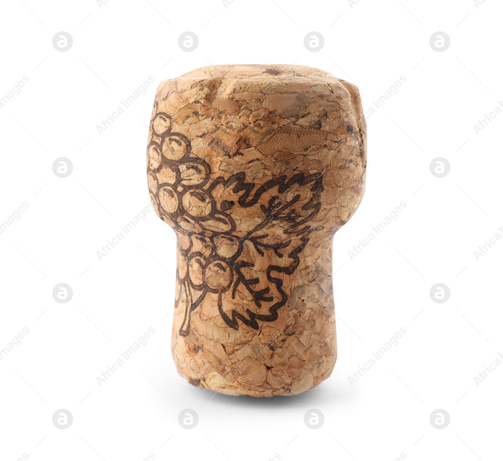 Photo of Sparkling wine cork with grape image isolated on white