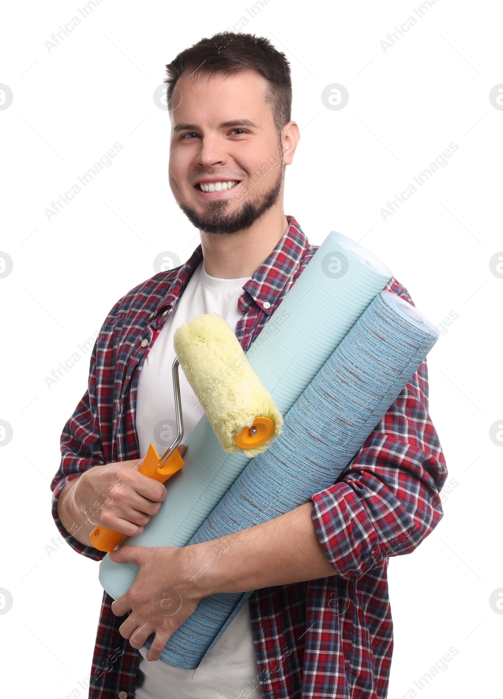 Photo of Man with wallpaper rolls and roller on white background