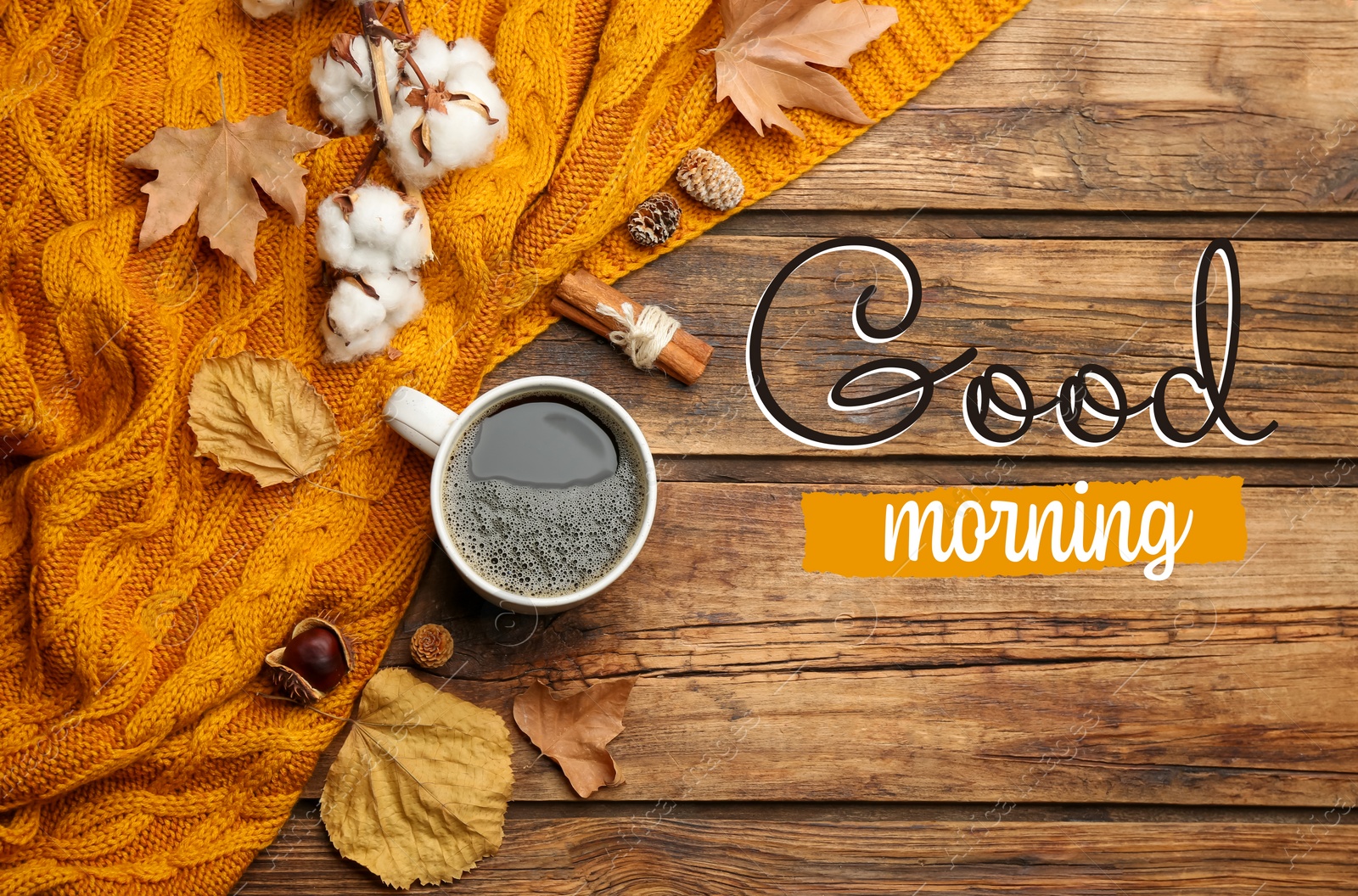 Image of Flat lay composition with hot drink and warm plaid on wooden table. Good morning 