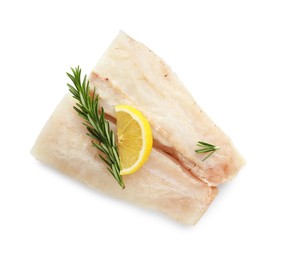 Fresh raw cod fillets with rosemary and lemon isolated on white, top view