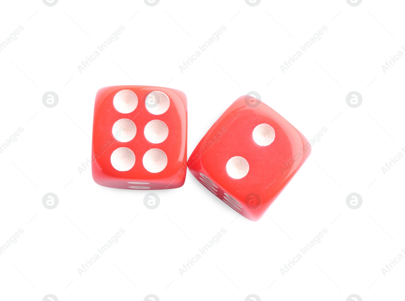 Photo of Two red game dices isolated on white, top view