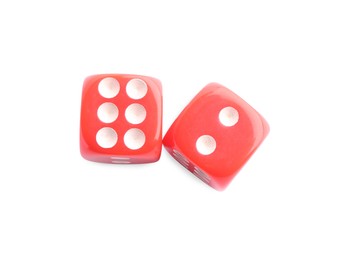 Two red game dices isolated on white, top view