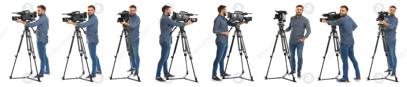 Image of Collage of operator with professional video camera on white background. Banner design