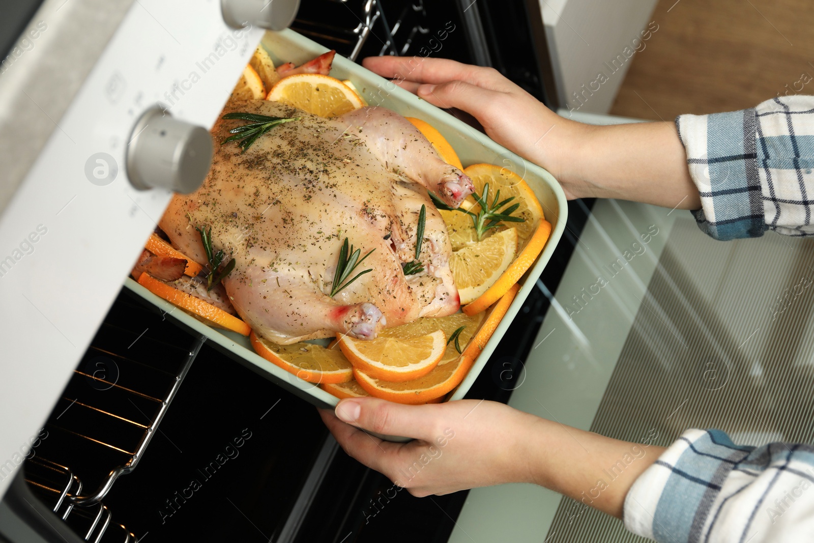 Photo of Woman putting chicken with orange slices into oven, closeup