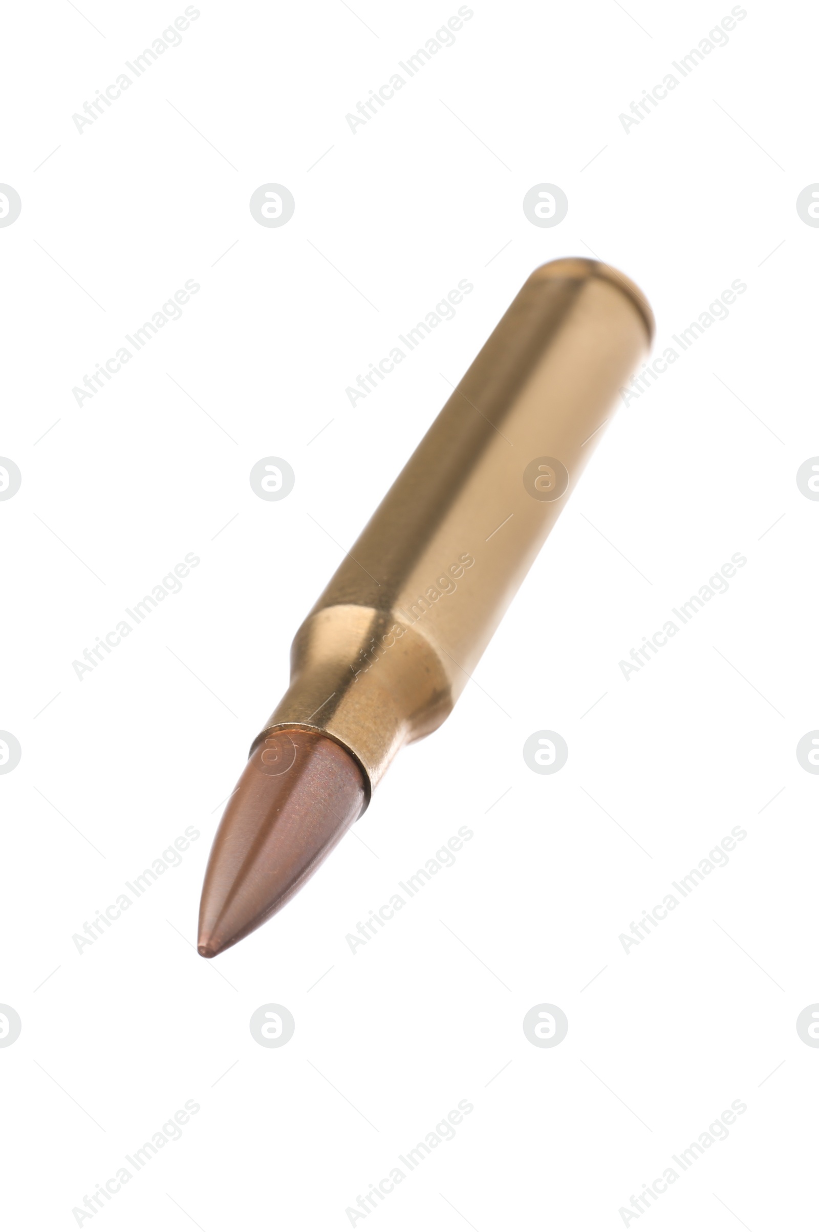 Photo of Rifle cartridge isolated on white. Firearm ammunition