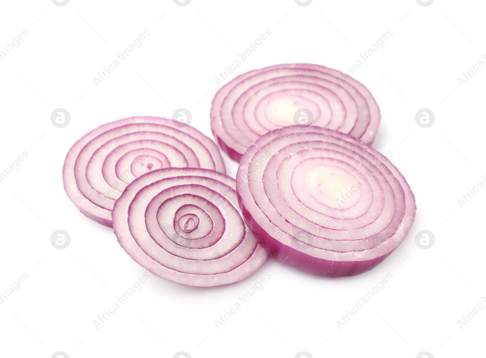 Photo of Fresh slices of red onion isolated on white