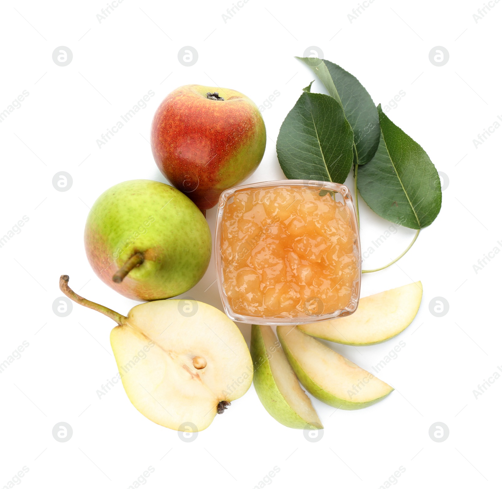 Photo of Tasty homemade pear jam and fresh fruits on white background, top view