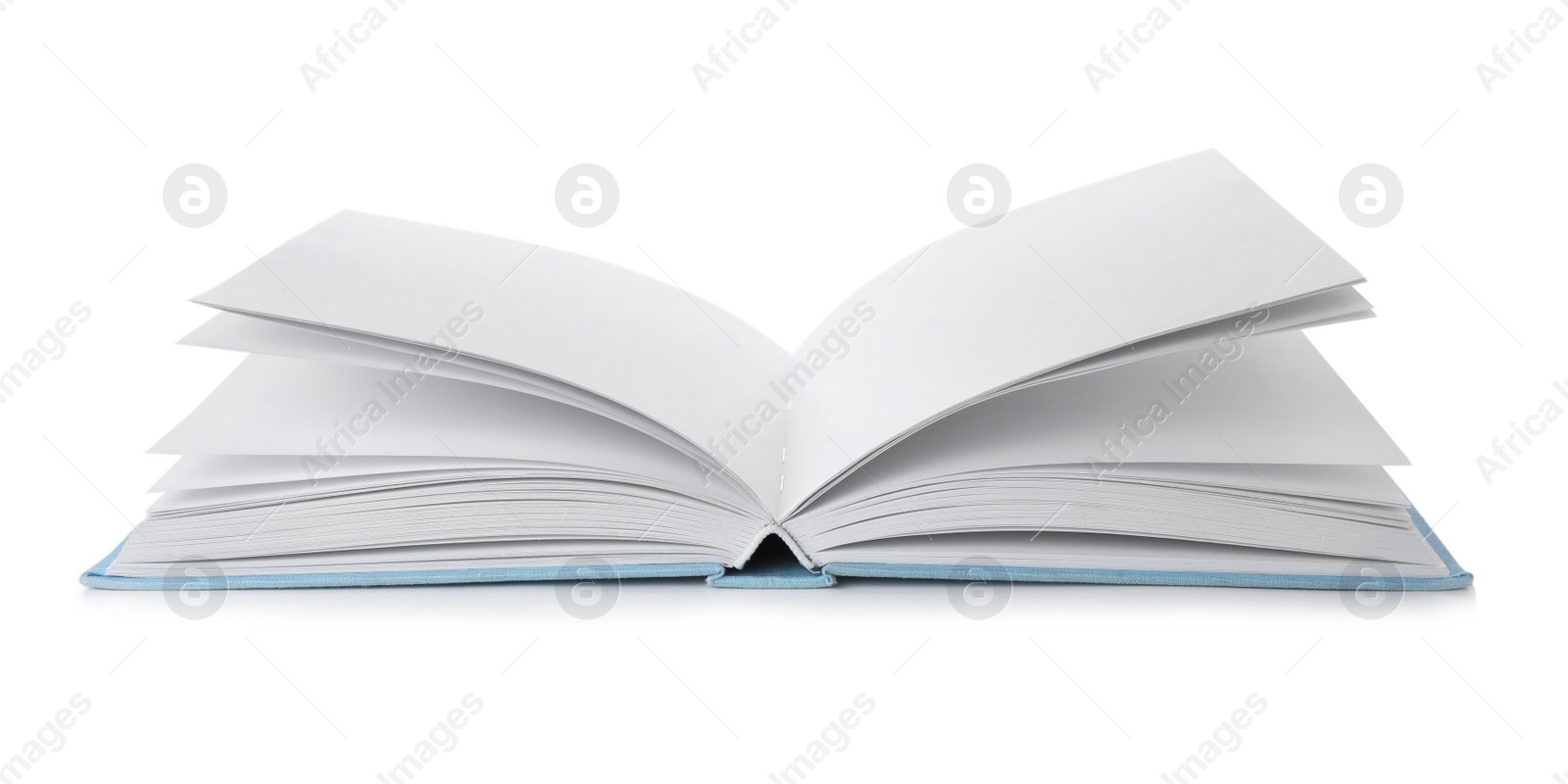 Photo of Open book with hard cover on white background