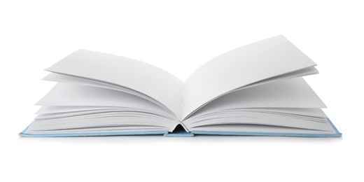 Photo of Open book with hard cover on white background