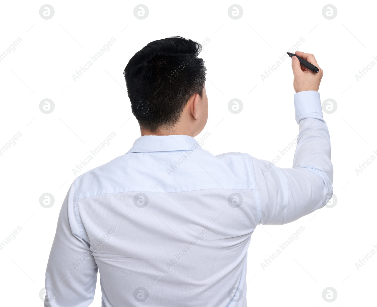 Photo of Businessman in formal clothes with marker writing on white background, back view