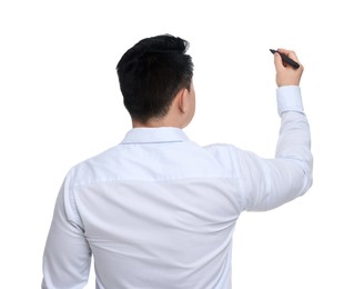 Businessman in formal clothes with marker writing on white background, back view