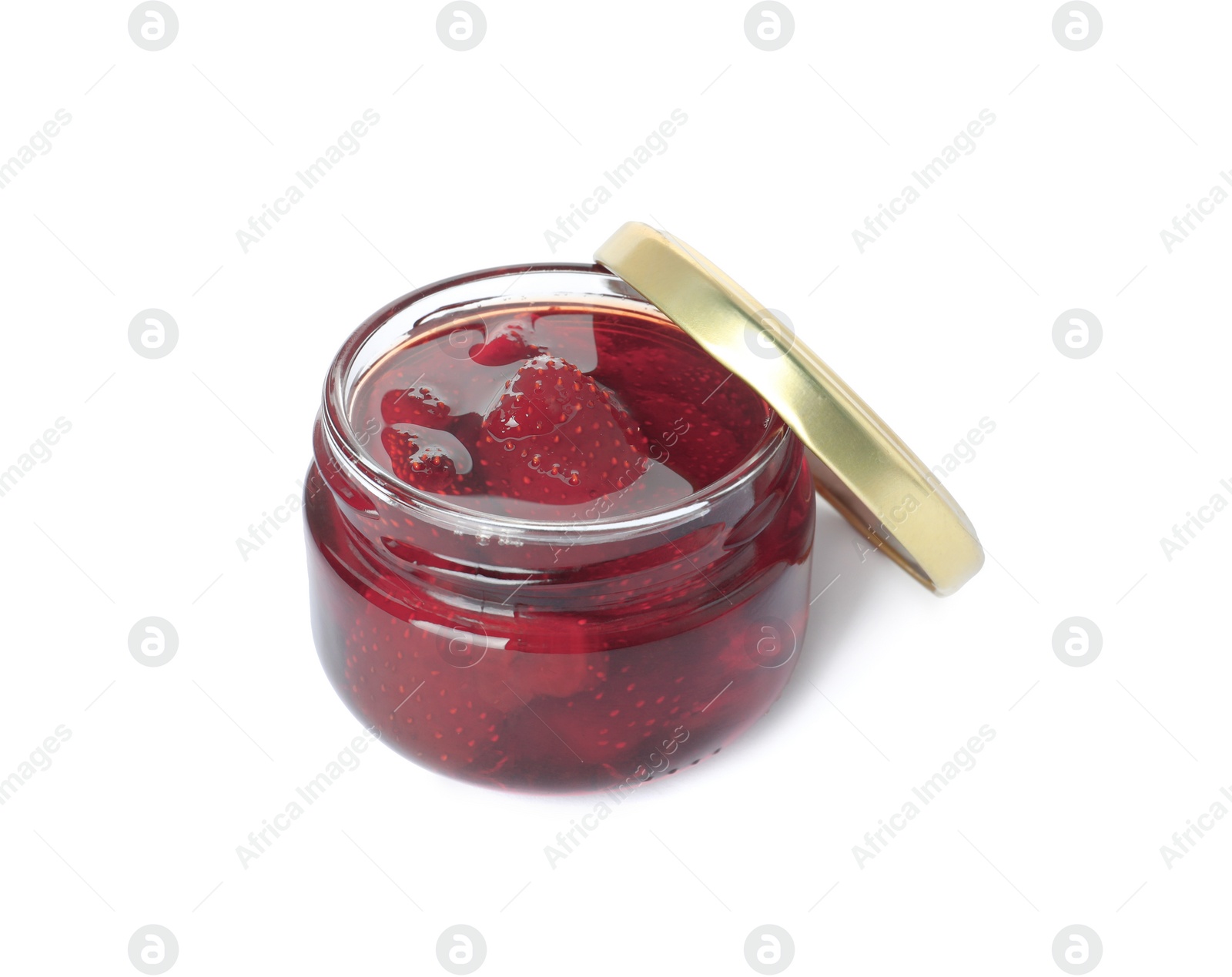 Photo of Delicious pickled strawberry jam in glass jar isolated on white