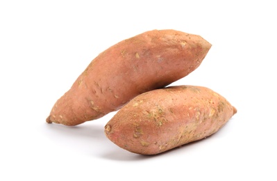 Photo of Whole ripe sweet potatoes on white background