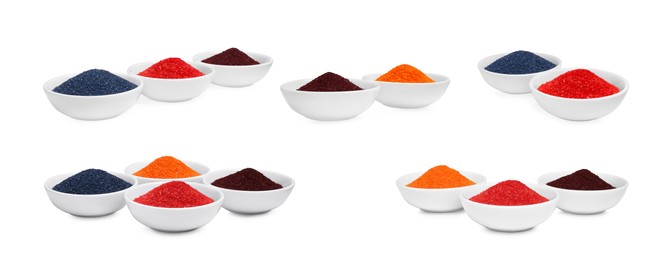 Image of Collage of different powdered food coloring in bowls isolated on white