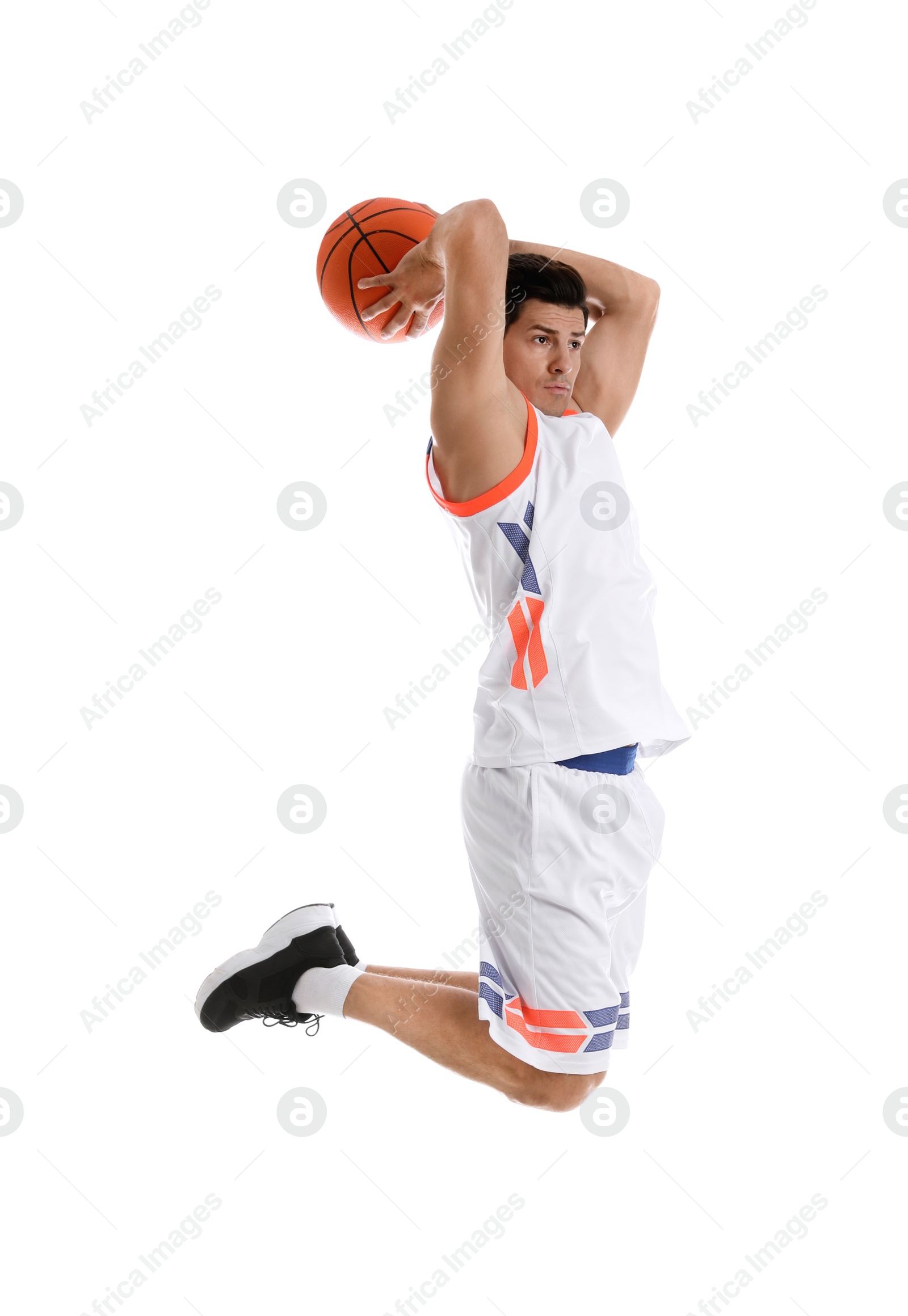 Photo of Professional sportsman playing basketball on white background