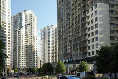 Photo of KYIV, UKRAINE - MAY 21, 2019: Beautiful view of modern housing estate in Pecherskyi district on sunny day