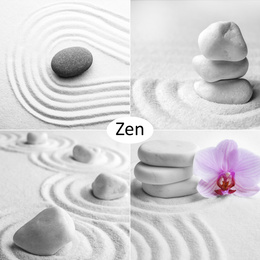 Collage with photos of stones on white sand. Zen and harmony