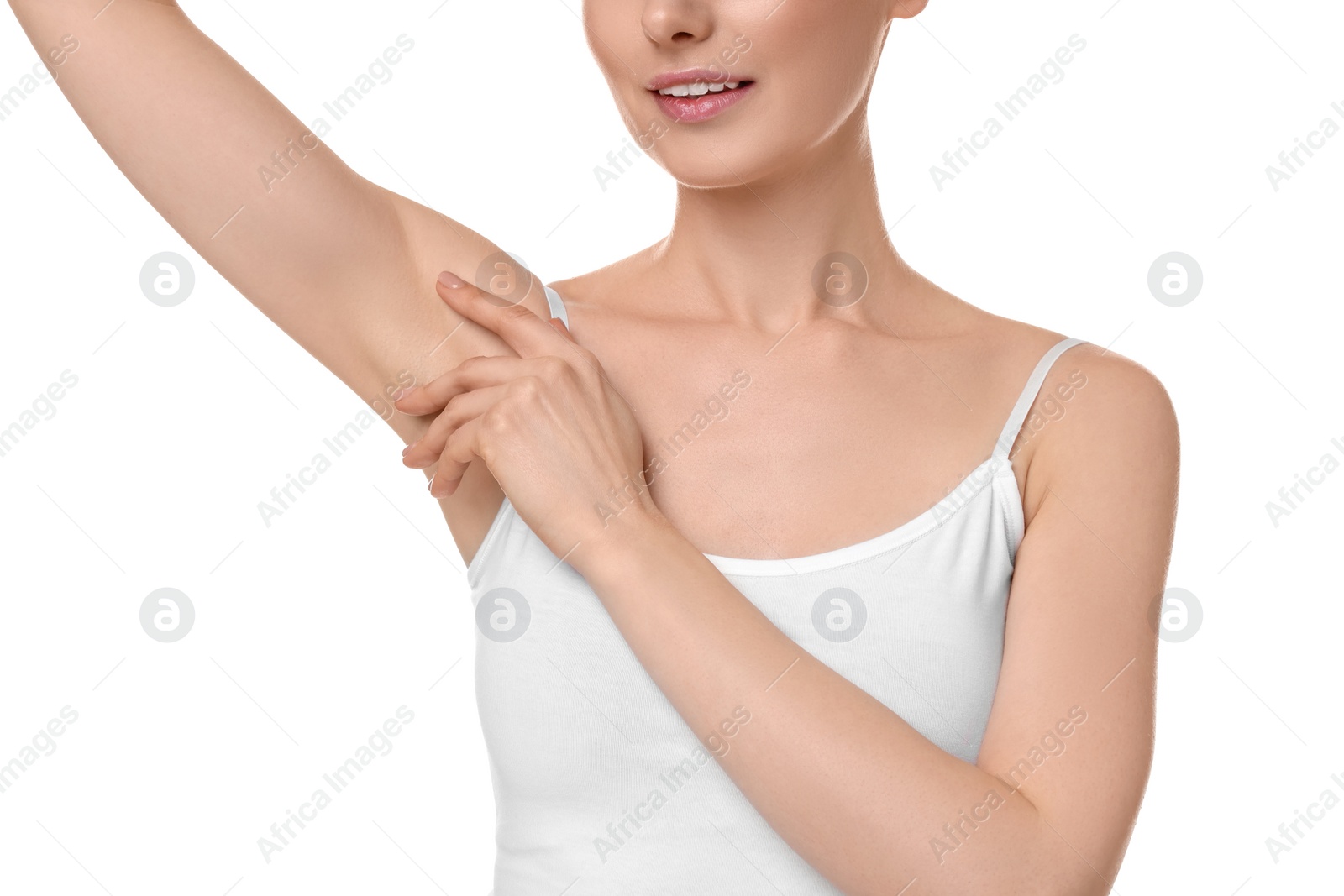 Photo of Woman showing armpit with smooth clean skin on white background, closeup