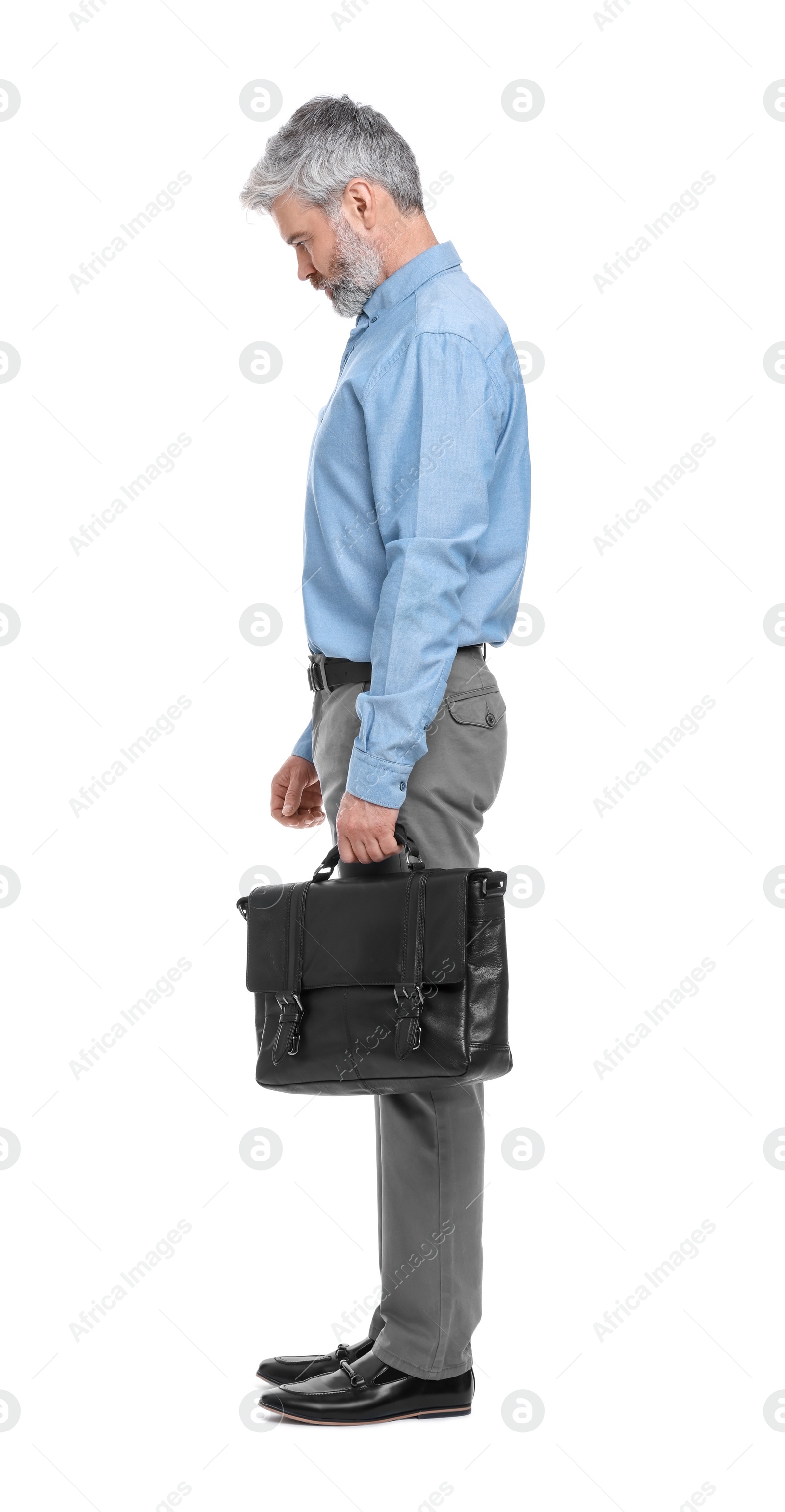 Photo of Mature businessman in stylish clothes with briefcase on white background