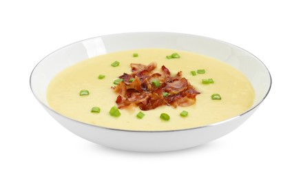 Photo of Tasty potato soup with bacon and green onion in bowl isolated on white