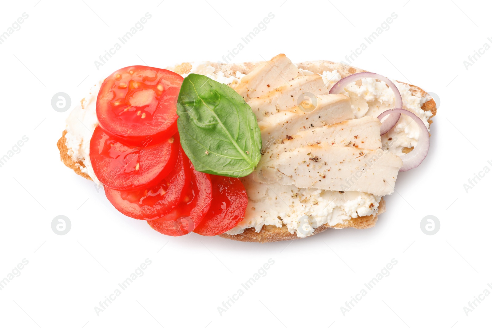 Photo of Delicious chicken bruschetta on white background, top view
