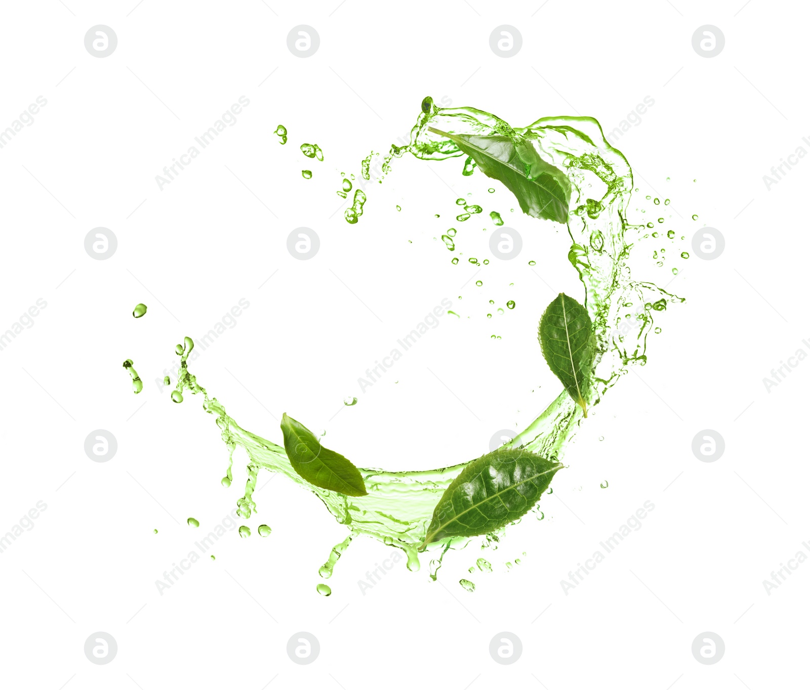 Image of Splashes of refreshing drink with leaves on white background. Green or matcha tea