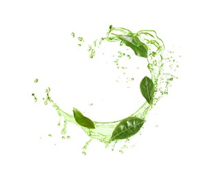 Image of Splashes of refreshing drink with leaves on white background. Green or matcha tea