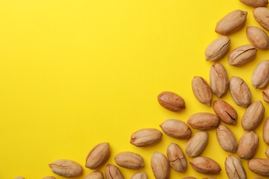 Photo of Tasty pecan nuts on color background, top view. Space for text