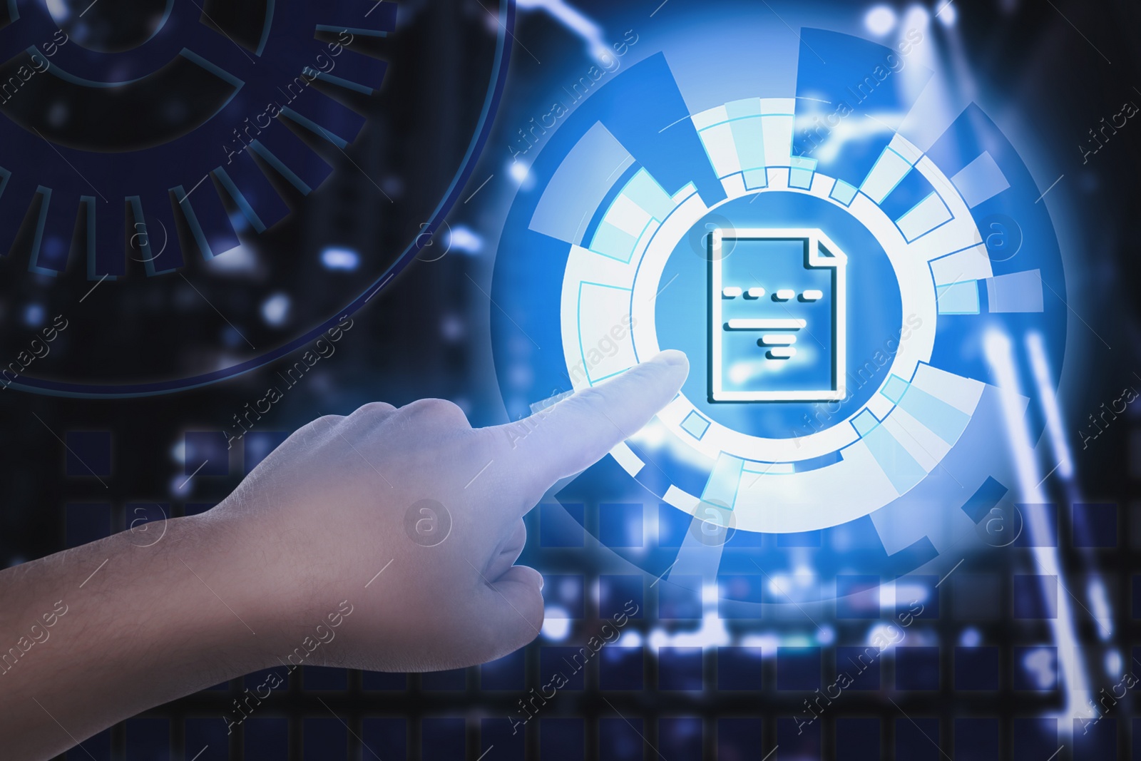 Image of Man clicking on document icon using virtual screen, closeup
