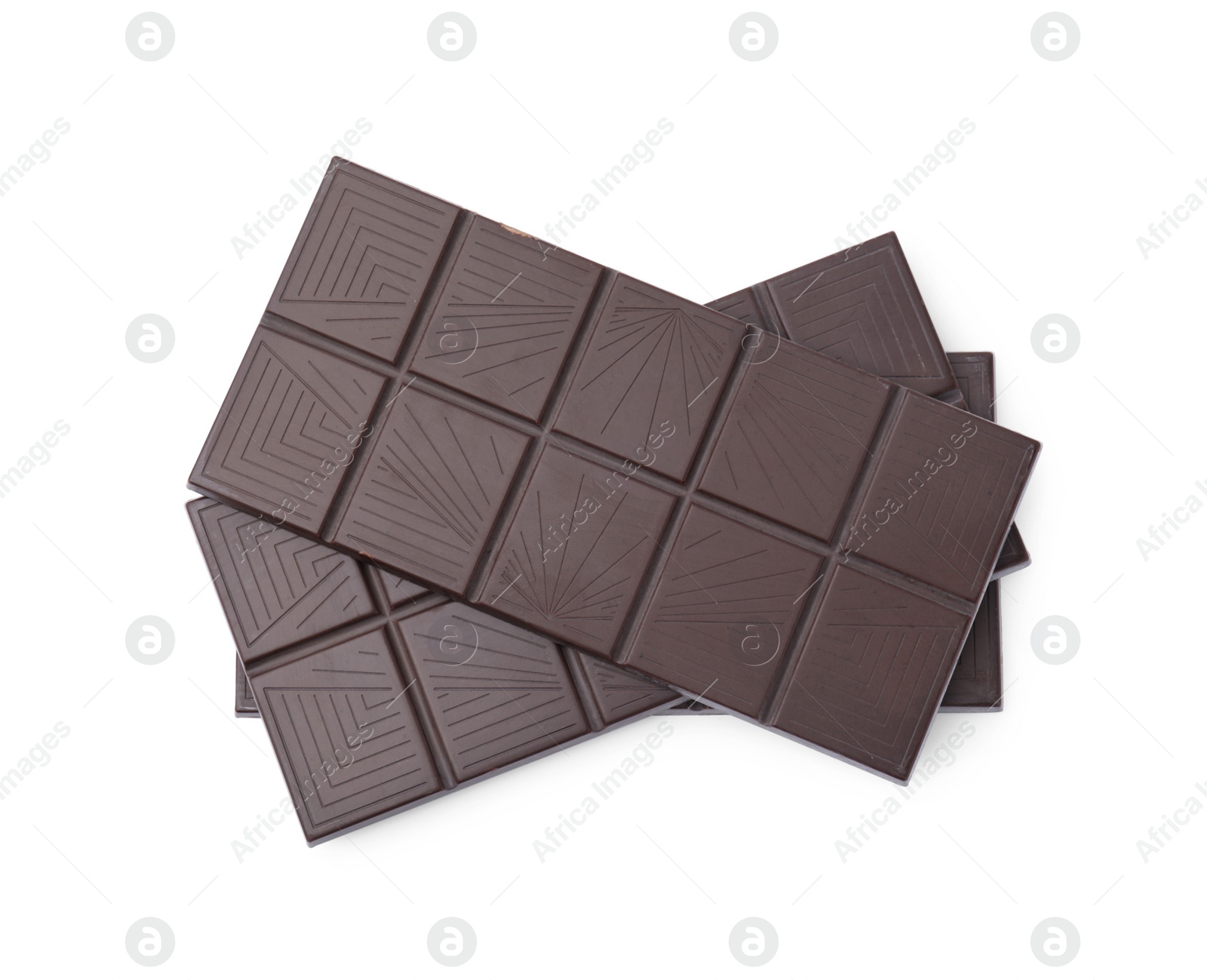 Photo of Delicious dark chocolate bars isolated on white, top view