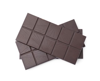 Delicious dark chocolate bars isolated on white, top view