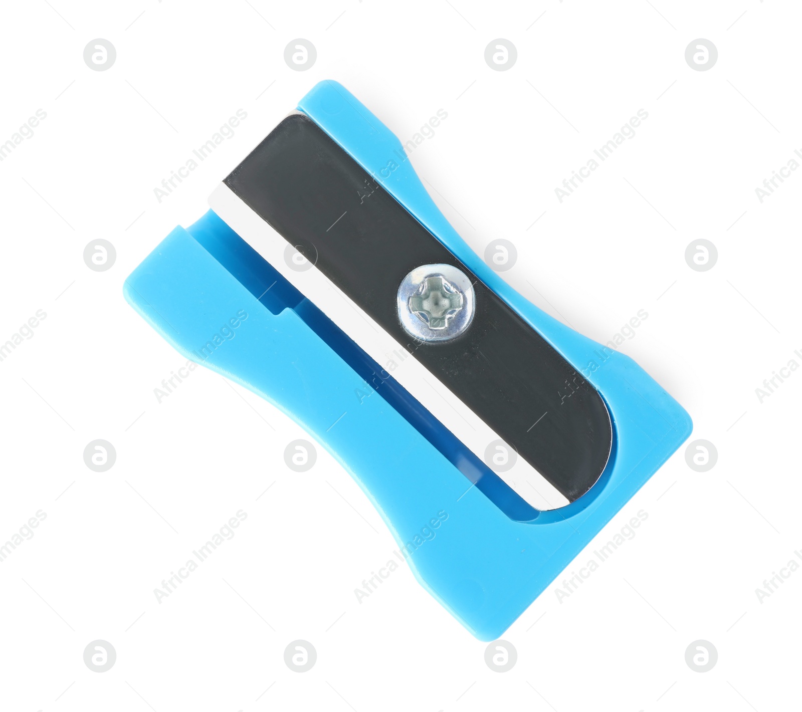 Photo of Plastic light blue pencil sharpener isolated on white, top view