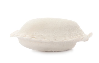 Photo of Raw dumpling with tasty filling on white background