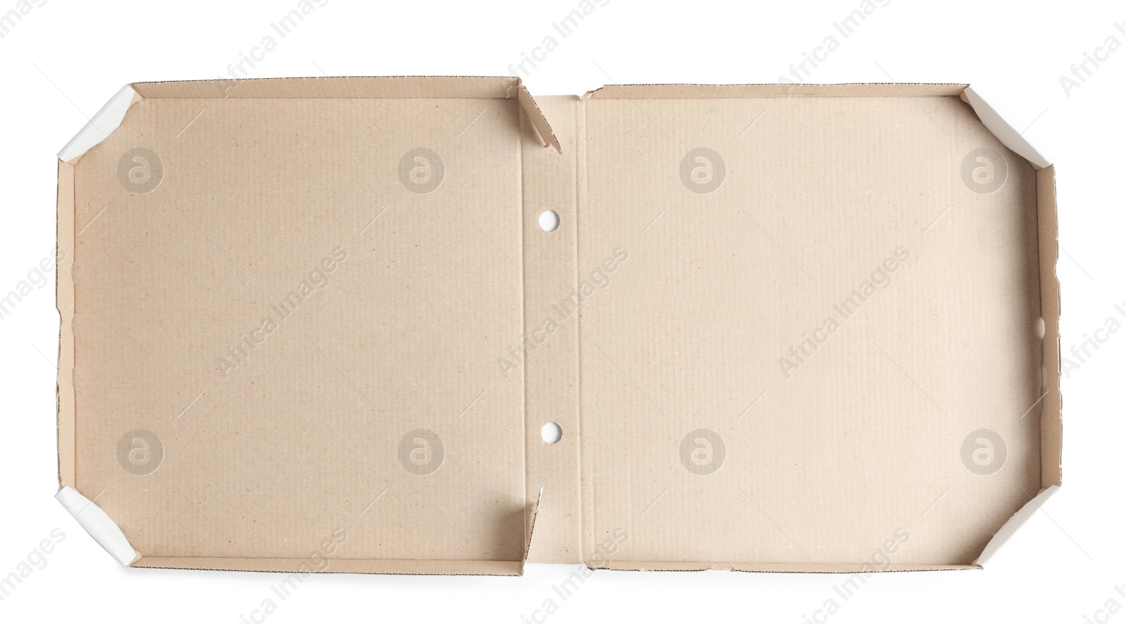 Photo of Open cardboard pizza box on white background