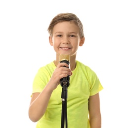 Cute boy with microphone on white background