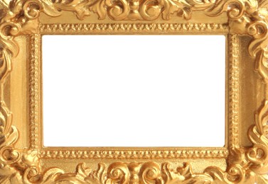 Image of Golden vintage frame with blank white background. Mockup for design