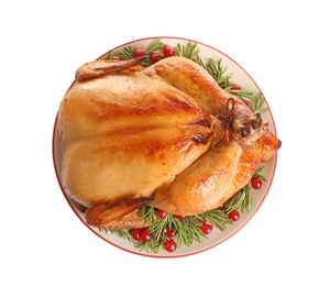 Platter of cooked turkey with garnish on white background, top view