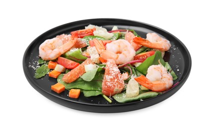 Photo of Delicious salad with pomelo, shrimps and tomatoes in plate on white background