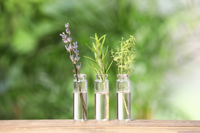 Bottles with essential oils and plants on wooden table against blurred green background