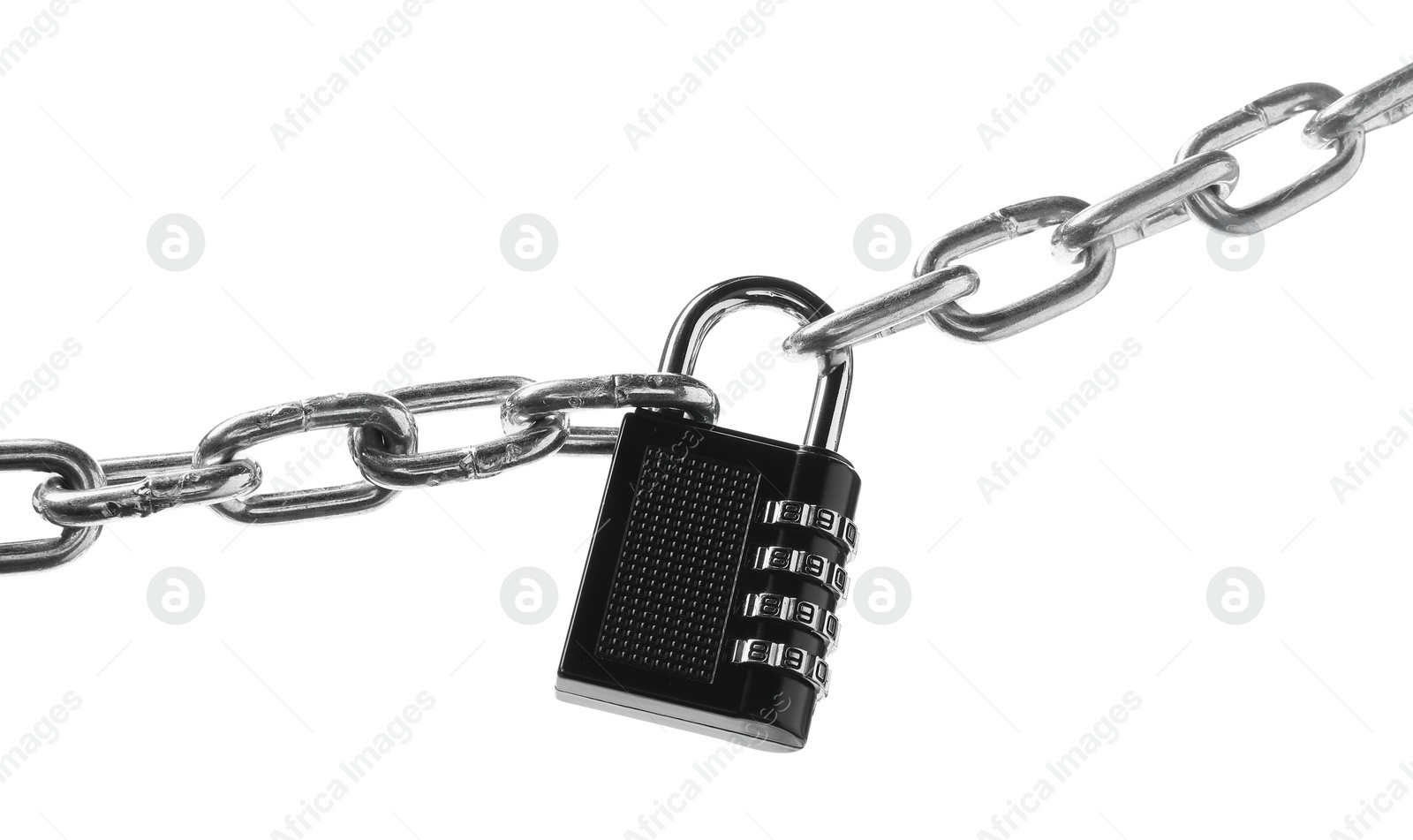 Photo of Steel combination padlock and chain isolated on white