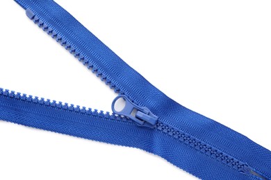 Blue zipper on white background, top view