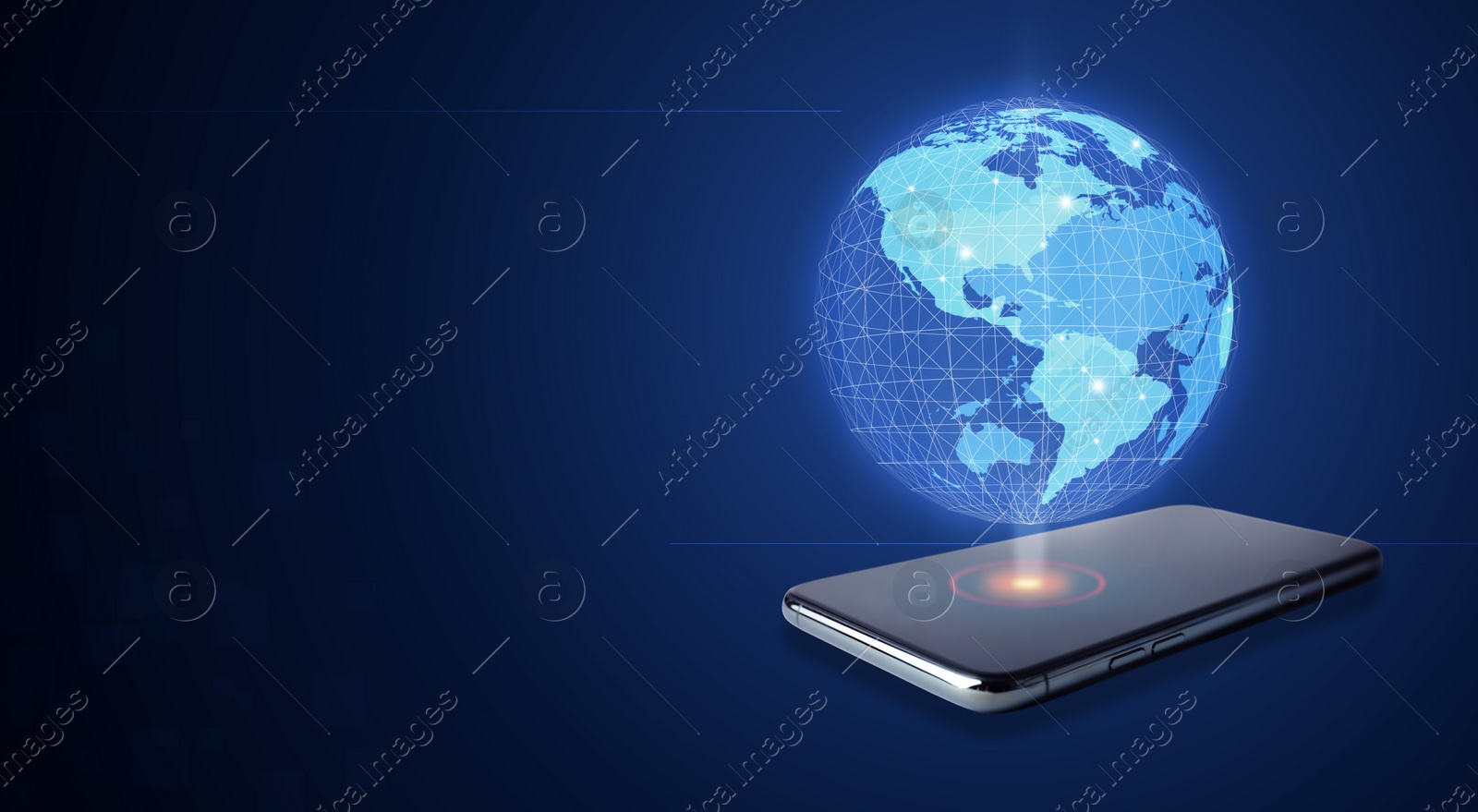 Image of Global network. Smartphone with digital image of Earth on dark blue background. Banner design with space for text